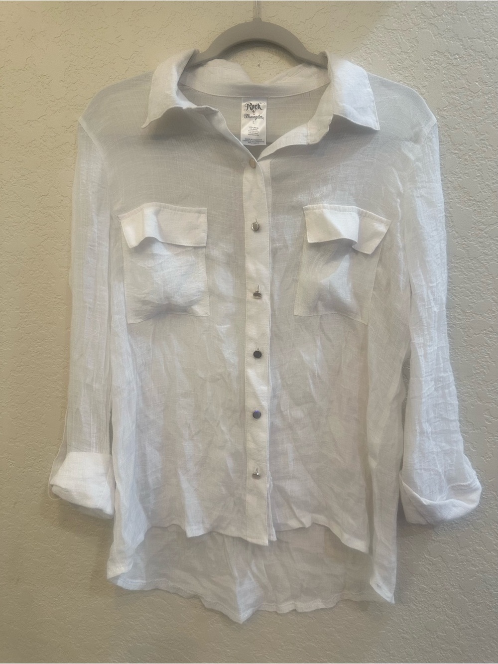 Rock 47 for Wrangler Large Sheer White Button Up & Gold Embellished Longhorn Top